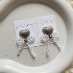 ハート×リボンビーズ イヤーアクセサリー〔silver〕