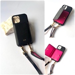 名入れ可　スマホショルダー　iphone本革　レザー カード 収納  名入れ レザーiphoneケース  ストラップ付きiPhoneケース　black+pink