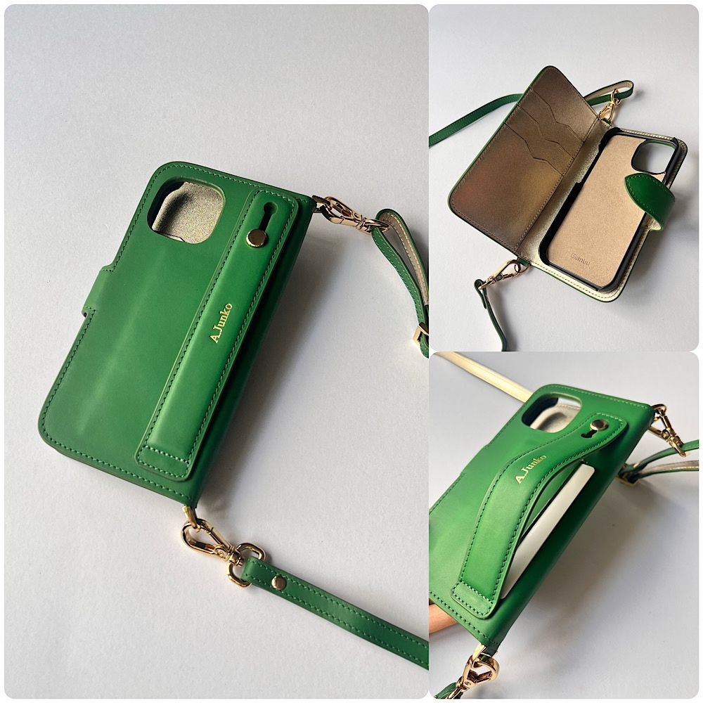 本革バイカラー　手帳型スマホケース　ハンドベルト付き　名入れ無料　Iphoneケース　スマホショルダー　green+lightgold