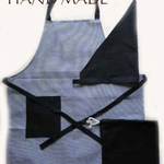 ★送料無料★HAND MADE　子供用エプロン・三角巾・巾着３点セット　ギンガムチェック×濃紺　１４０～１５０センチ