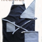 ★送料無料★HAND MADE　子供用エプロン・三角巾・巾着３点セット　濃紺×ギンガムチェック　１４０～１５０センチ