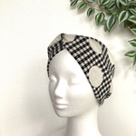 【ニットヘアバンド 】チェック×ドット柄ターバン ブラック×ホワイト　2wayクロスヘアバンド