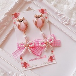 送料無料❤️ 318リボンハートパールギンガムチェックリボンピアス/イヤリング❤️ピンク