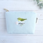 メジロと桜の刺繍リネンミニポーチ【ミント】