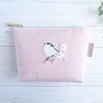 エナガと桜の刺繍リネンミニポーチ【桜ピンク】