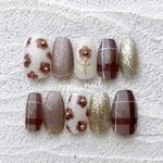 ぼかしフラワー♥ ブラウン お花　チェック柄　茶色 ベージュ ギフト チェック柄　ネイルチップ　nail 韓国  可愛い  人気　カラー　推し　バレンタイン　ギンガムチェック