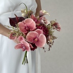 ピーチバーガンディ胡蝶蘭♪ウェディングブーケ  アーティフィシャルフラワー ブートニア付き 韓国ブーケ 造花 造花ブーケ 花束