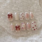 ♡check nail♡ チーク ピンク レッド 赤 ベージュ リボン チェック ぷっくり ワンホン 韓国 ネイル ネイルチップ ♡