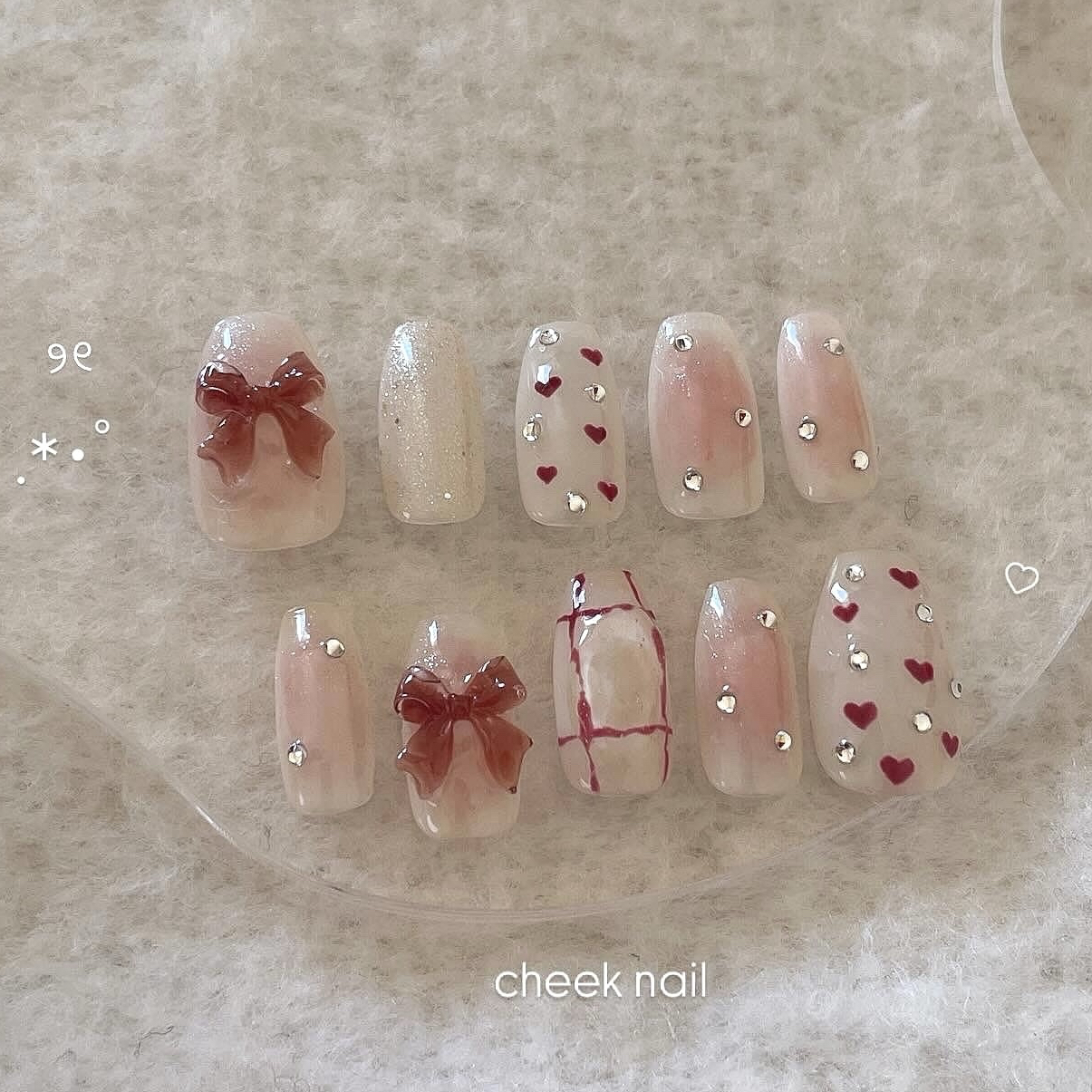 5058 ジェルネイルチップ量産型 ワンホン 韓国 グレージュリボン フリル