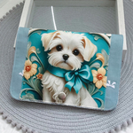 カード、手帳全て収納／通院に便利なケース／マルチー　犬／くすみブルー／リボン刺繍／ハンドメイド