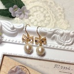 14KGF♡Heartリボン&コットンパールの輝くピアス/イヤリング
