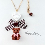 🧸 chocolate ribbon Teddy  ✵ チョコレート色のギンガムチェックリボンとくまさんの首飾り  ネックレス ペンダント