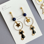 天然石 ラピスラズリ×黒猫 サージカルステンレスピアス ／ イヤリング　星　ネコ　大人可愛い　ゴールド　金具交換無料　送料込