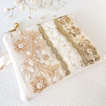 【ハンドメイド　ミニポーチ】　インド刺繍　インドリボン　カラビナ付き
