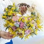 春のお花オンパレードリース　ミモザ　ラナンキュラス　スターチス　かすみ草　ミモザリース　ミモザスワッグ　ミモザユーカリリース　春リース　ミモザ　春　フライングリース　ミモザボール　ボールリース