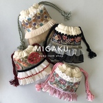 ②【インド刺繍リボンのミニ巾着】メイクポーチ　マルチポーチ　巾着袋