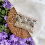 スミレ/インド刺繍×帆布★キーホルダー付きフラットポーチ/マルチケース
