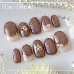 mag simple -chocolate brown-  ネイルチップ マグネットネイル ブラウン ブラウンネイル 茶色ホワイト シンプル 秋冬 秋ネイル 冬ネイル キラキラネイル ビジューネイル
