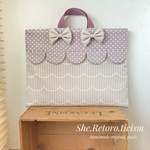☆ゆず・・さまオーダー品☆ ＊北欧風ウェーブストライプ(ミルキーグレージュ) ＊　レッスンバッグ〜semicircle motif and ribbon〜 #30×40マチ無し#絵本かばん#持ち手短め