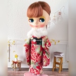 リカちゃん・ブライスアウトフィット◇ちりめんの振袖とファーショールセット　■赤