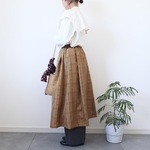 sale●着物リメイク　洗える着物のタック入りスカート（黄八丈風・M）