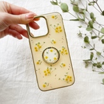 【ミモザとかすみ草】  スマホケース　押し花スマホケース　ソフトケース　手帳型ケース　全機種対応　スマホリング　android  ベージュ　ブラウン　ミモザ　春