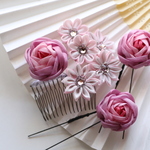 つまみ細工 ピンクのオールドローズコーム