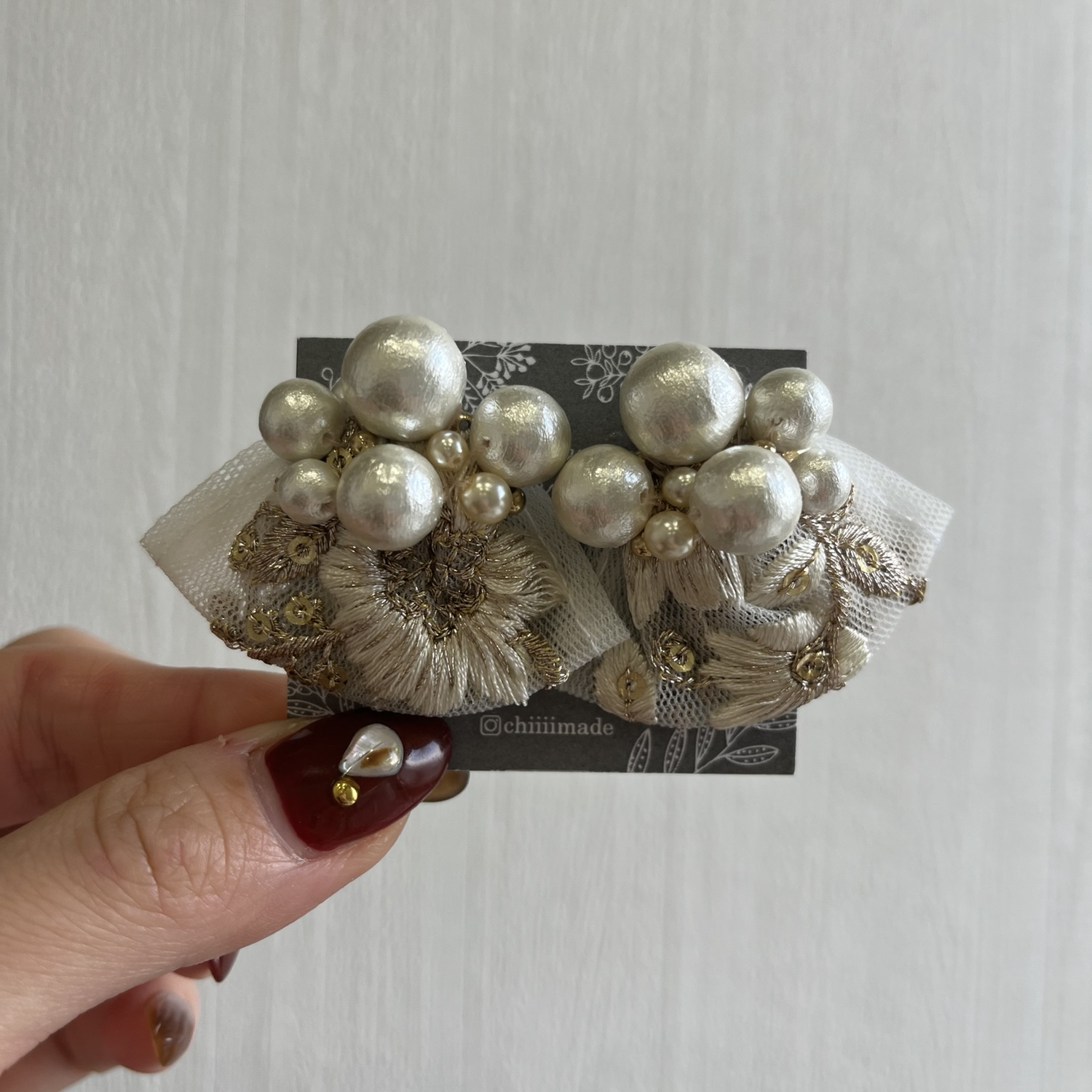 コットンパールたっぷり インド刺繍リボン ピアス イヤリング 入学