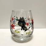 手描き絵付けグラス　黒猫と花