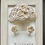 水引アクセサリー　ドレスにも着物にも似合うヘアコームとコットンパール付きイヤリング　白ベージュゴールド　no.338