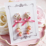 ビジューとLovelyいちご～Gradation Pink～ イヤリング ピアス ビジュー クリスタル パール イチゴ リボン 揺れる キラキラ