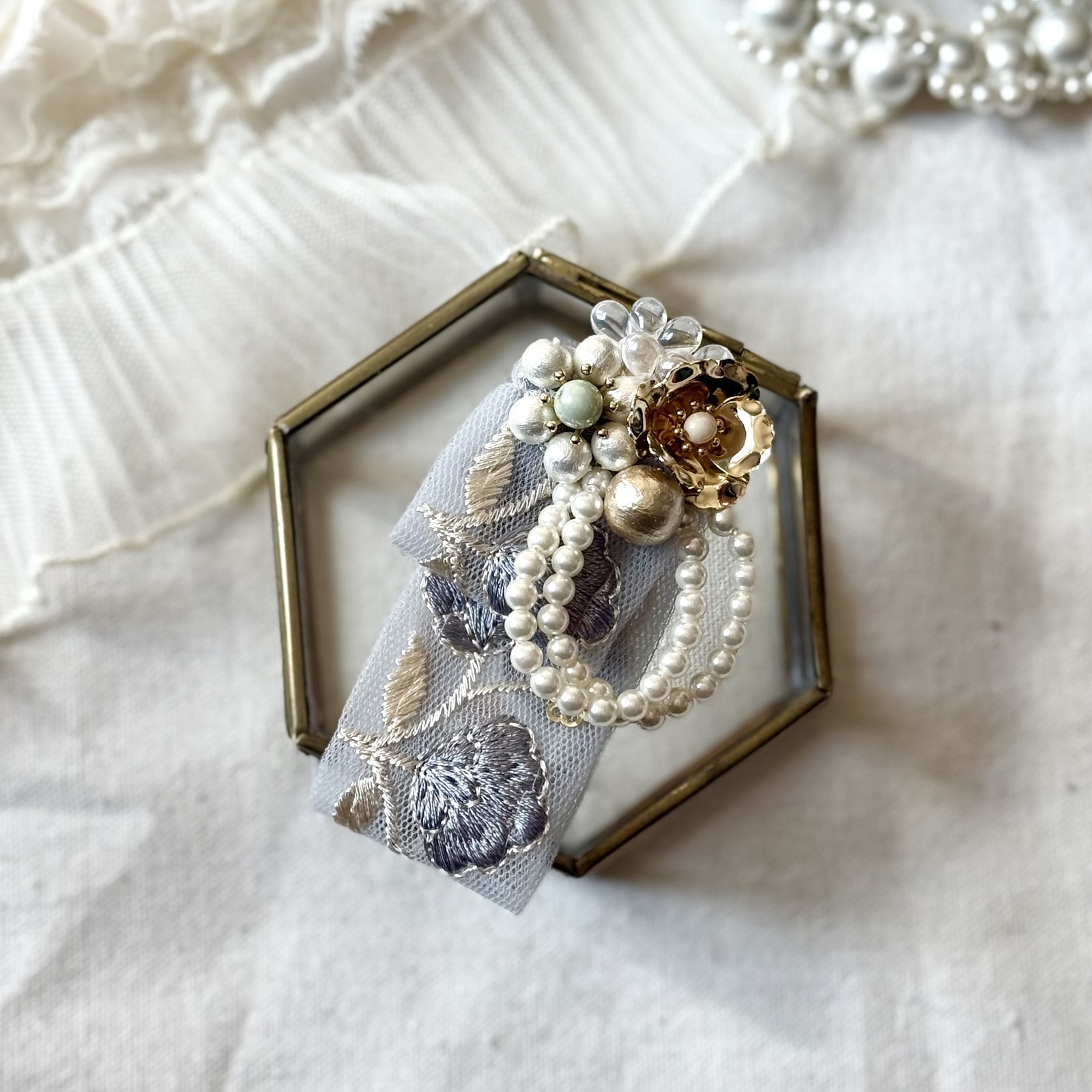 卒業式・入学式にも♡インド刺繍リボンとパールのフラワーブローチ 