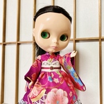 新色❤️No.70２点セット着物ドレス 梅桜牡丹柄(紅赤と薔薇色のグラデーション)＆巾着(1/6ドール用　リカちゃん、ネオブライス、ピュアニー&モs、オビツ22共用)和洋折衷