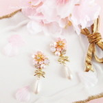 【再販】桜ビジューとしずくパール ～Sweet Pink～　イヤリング/ピアス/桜/花/フラワー/ビジュー/リボン/春/揺れる