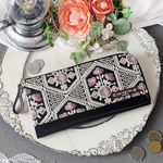 🎀本革 ✕ インド刺繍リボン　L字ファスナー 長財布 黒01