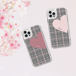 Big Heart♡桜色グレンチェック　強化ガラスケース　iPhoneケース　ハート　桜　春