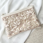【再販】【受注制作】［pink beige］インド刺繍リボン　ポーチ　合皮　フェイクレザー　ギフト　メイクポーチ