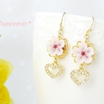 ハートとお花のピアス(ほんのりうめピンク) 　*イヤリング可*
