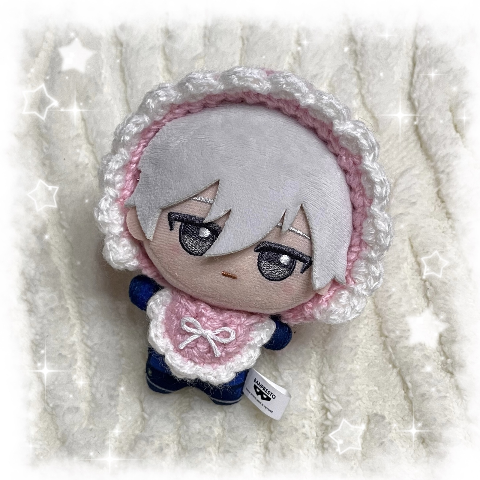 ちびぐるみ ボンネット スタイ オーダーページ 編み物 ちびぐるみ ぬい服 ボンネット ハンドメイド ピンク - ぬい服屋