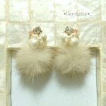 ミンクファー×ビジューピアス・イヤリング/ベージュ×ピーチオパール