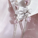 ピンク ハート シルバー リボン ロング ラインストーン ピアス＆イヤリング