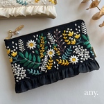 【受注製作🪡】再販🕊️mimosa🌿インド刺繍リボン 大人ポーチ ミモザ 💛black♡用途いろいろ！便利なサイズ 