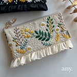 new🕊️mimosa🌿インド刺繍リボン 大人ポーチ ミモザ 💛beige♡用途いろいろ！便利なサイズ 