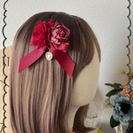 薔薇のブーケヘアドレス ハート グログランリボン赤(エンジ) ロリータ 卒業式 ゴスロリ♡