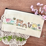 ゆるふわイラストの手描き平ポーチ (春) ペンポーチ 小物入れ  動物 