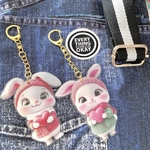 ピンクハートのうさぎちゃんグリーン、ブルー、ピンク、パステルカーディガン（長さ変更）/バッグチャームアクリル両面プリント立体チャーム