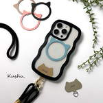 iPhone限定 猫耳Magsafeリング ステンレス 猫耳ストラップホルダー 【 ウェーブケース パステルカラー 】 名入れ 文字入れ クリアケース スマホショルダー wnn08