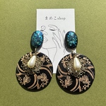🆕ブルーホログラム ×アジアンウッドパールvintageピアス♦️Japanvintage 国産ヴィンテージ パール ゴールド ヴィンテージカボション モダンレトロ 古着 着物 和柄 ブラック