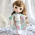 【限定SALE】『春風』ブライス着物セット　✴︎正絹　振袖　ピアスセット　青緑