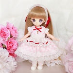 【オビツ11  ピコP】ミニエプロン付きワンピース(ピンク×レッド) 服
